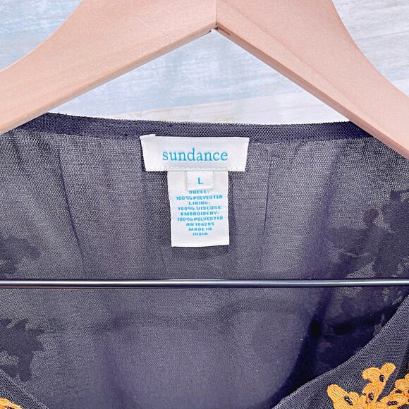 SUNDANCE Sheer Floral Embroidered Top Black Brown Tulle Beaded Boho Womens Large - Picture 7 of 8